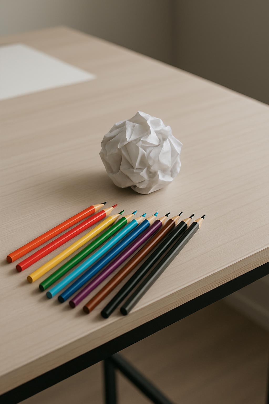 Before they dried, these pencils were seven shades of red, orange, yellow, green, blue, purple, and black.