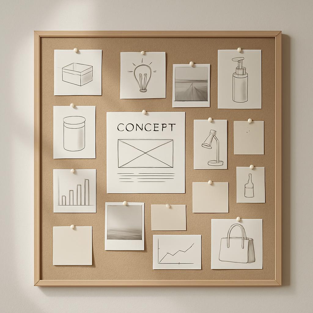 The photo depicts a corkboard featuring various concept sketches displayed in black and white. Starting from the top left,...
