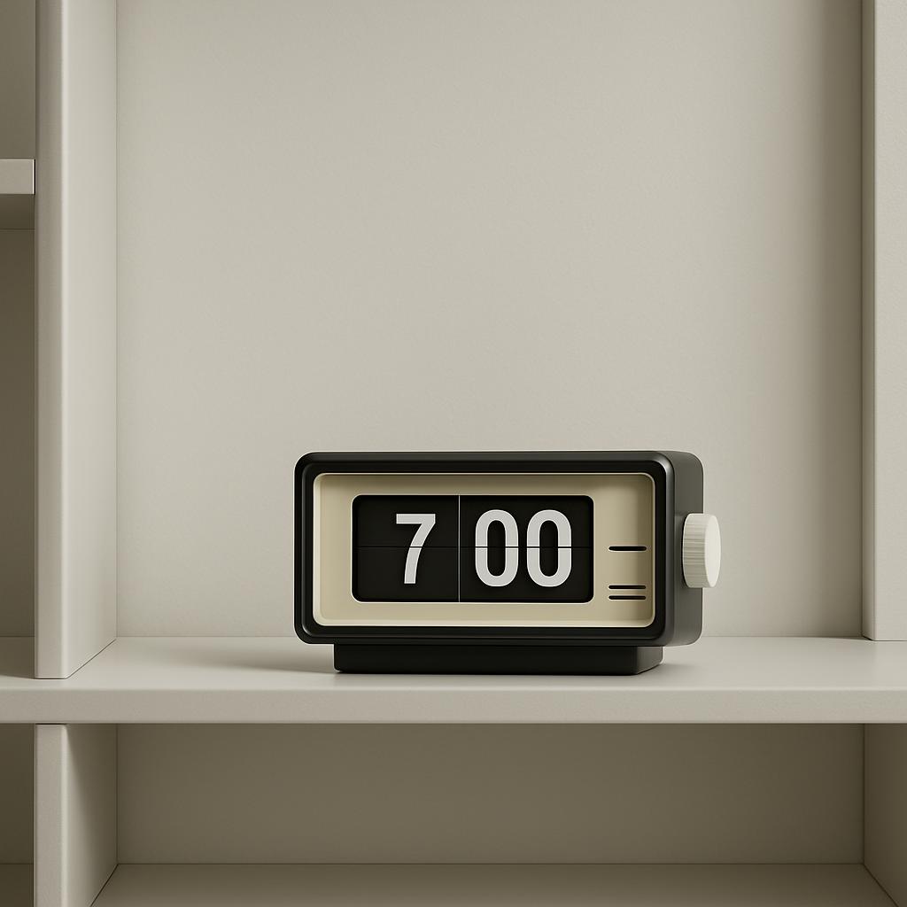 A short description of a clock with a 7:00 time, no one shown, and an empty shelf in a white room with natural lighting.