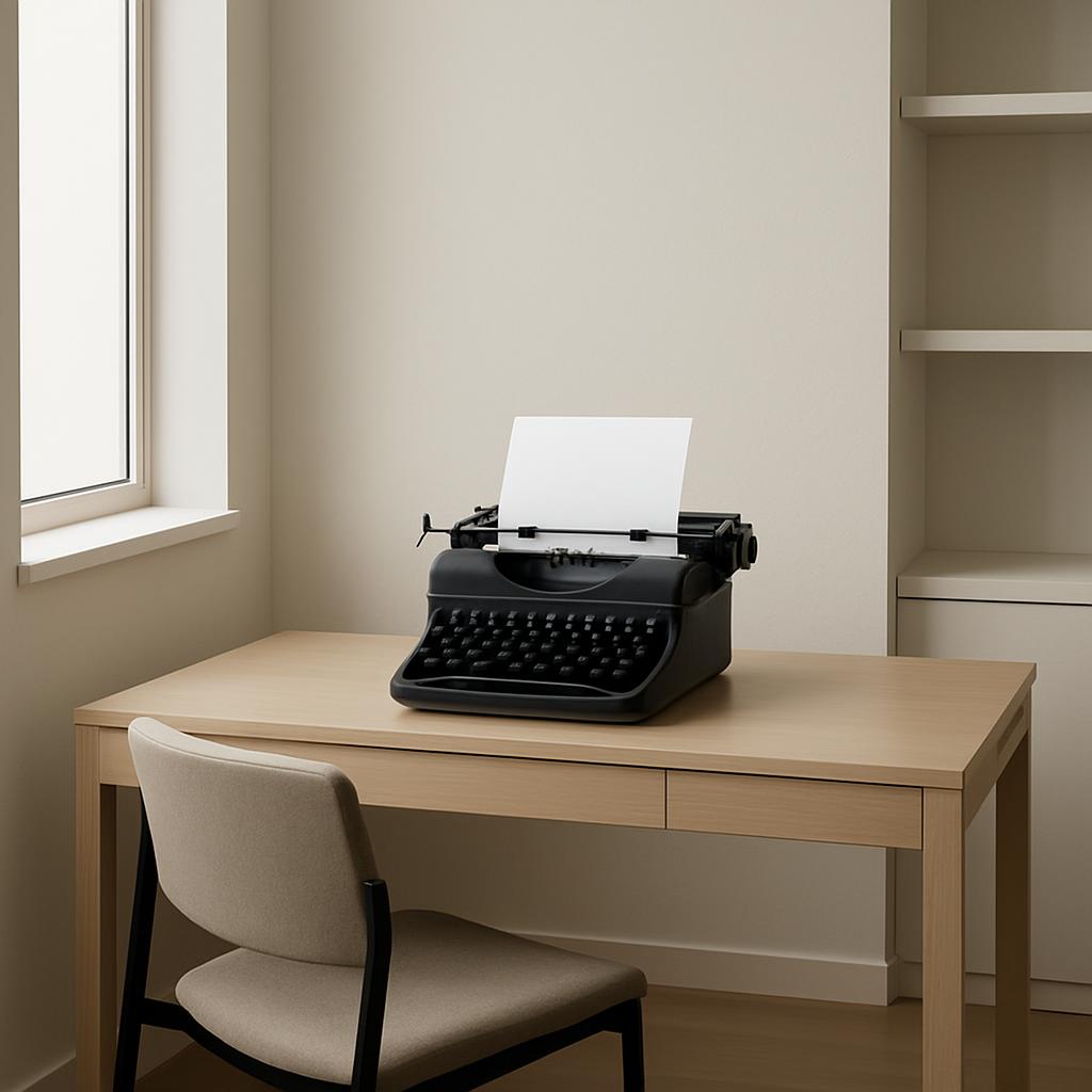 A minimalist home office with a light-wood desk and shelves, featuring a black typewriter with the lid open, placed center...